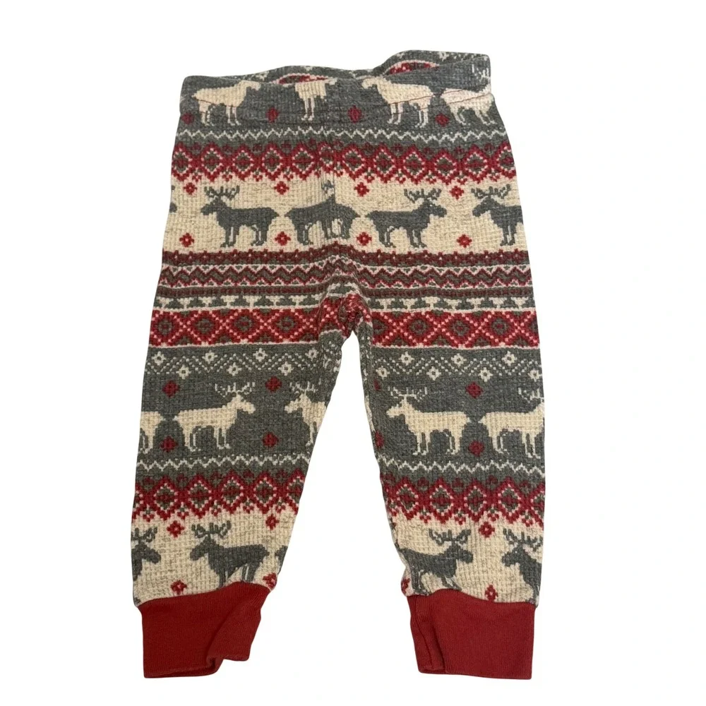 The Childrens Place Kids 3-6M Gray Red Reindeer Fair Isle Thermal Pajama Set